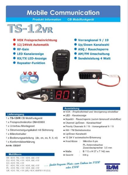 Team TS-12VR CB-Mobilfunkgerät Multinorm mit VOX Funktion